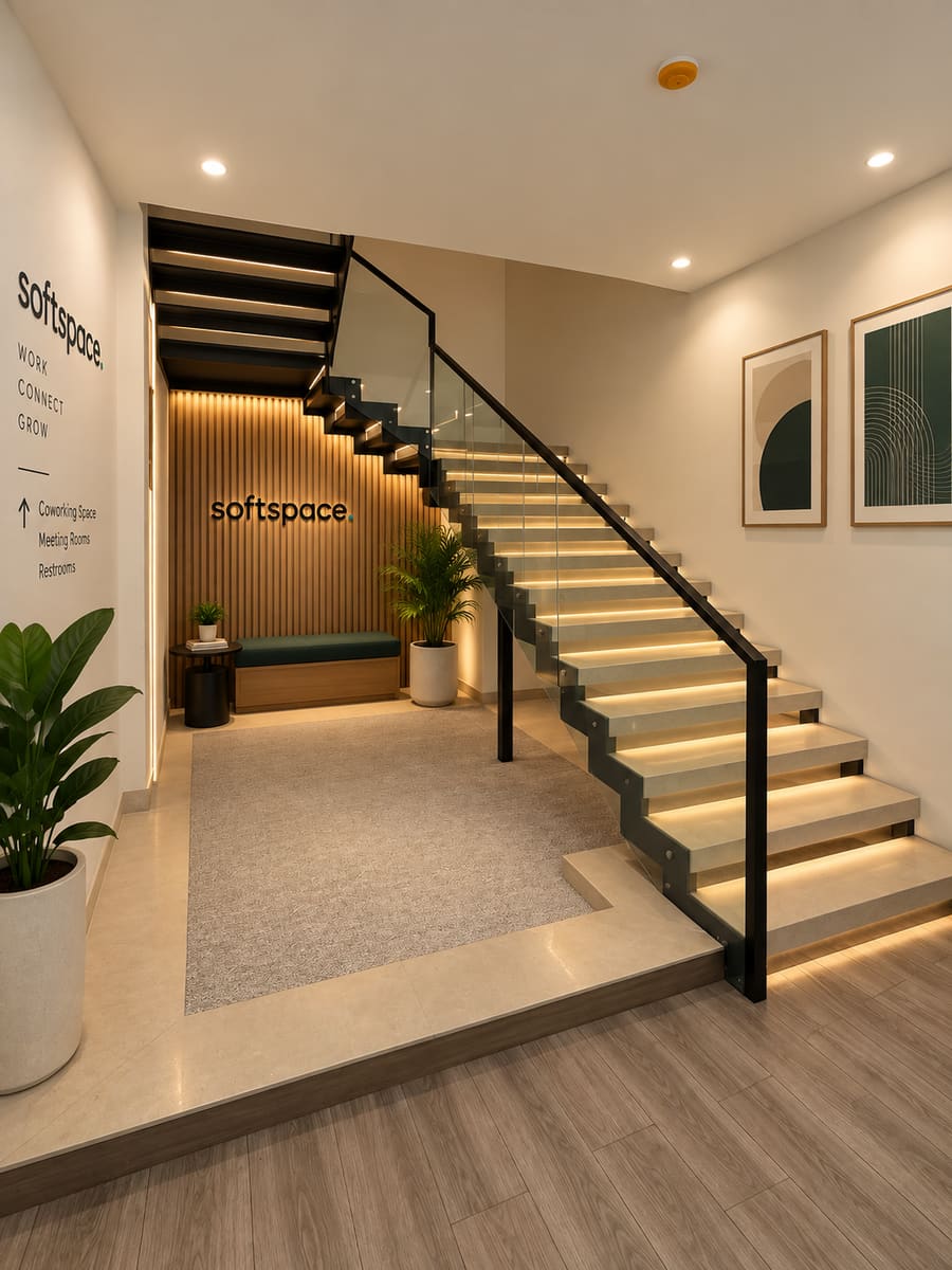 SoftSpace entrance lobby with an illuminated staircase and signs to the coworking space and meeting rooms