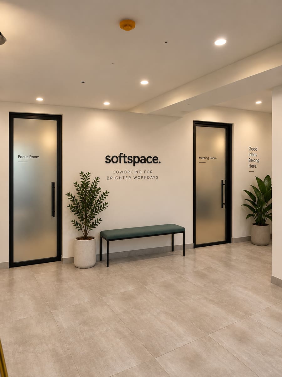 SoftSpace corridor with frosted-glass doors to a focus room and a meeting room